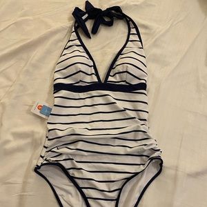 Cupshe halter swimsuit navy blue & white stripe